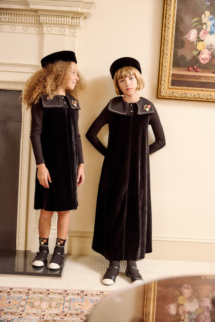 maxi dress velour embroidered bib turtleneck - black