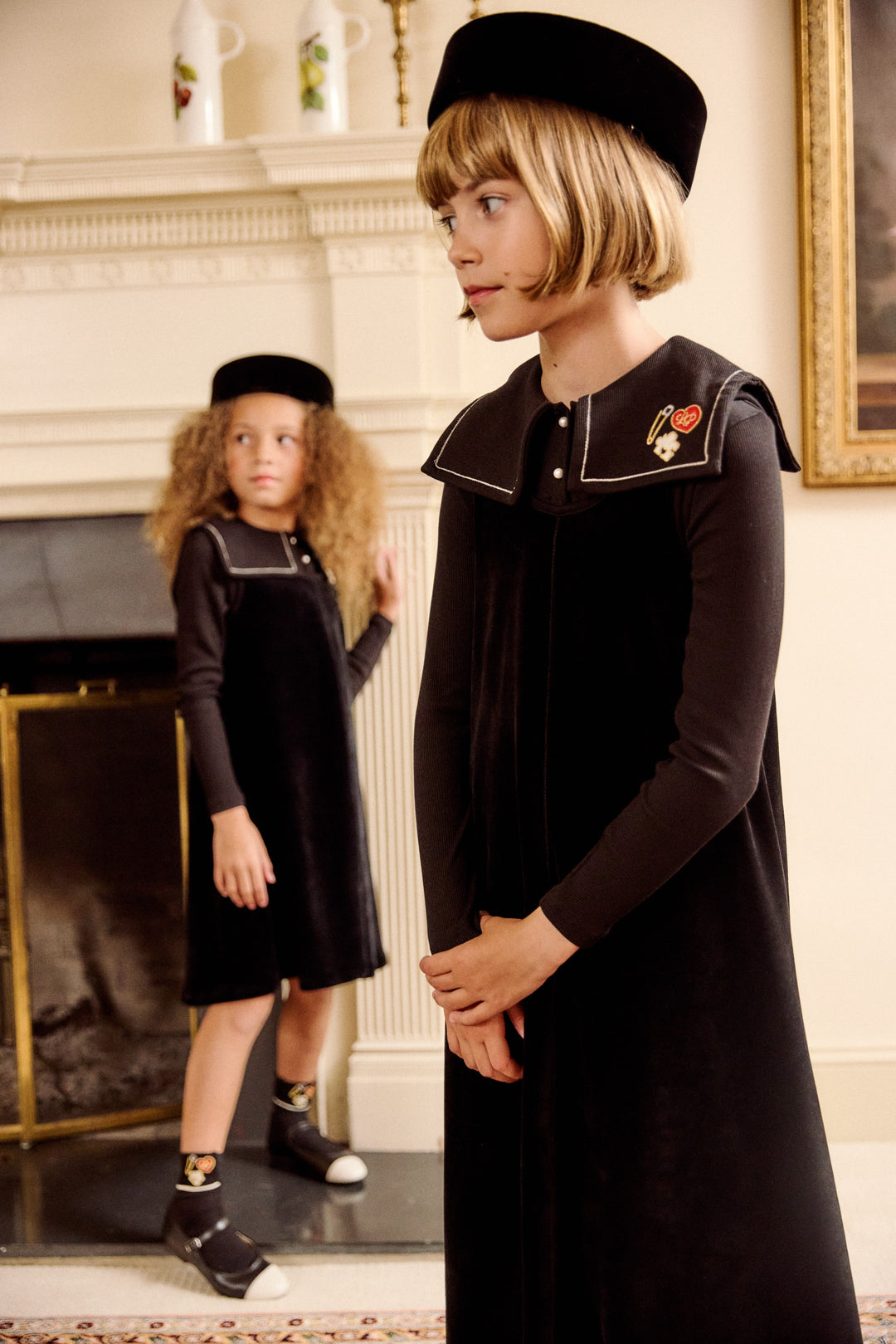maxi dress velour embroidered bib turtleneck - black