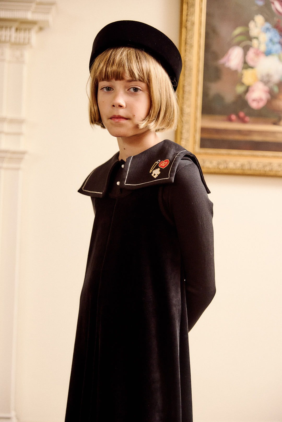 maxi dress velour embroidered bib turtleneck - black