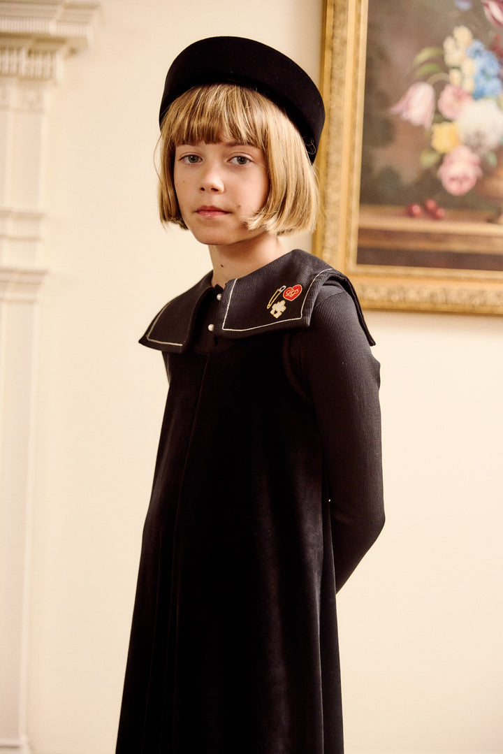 maxi dress velour embroidered bib turtleneck - black