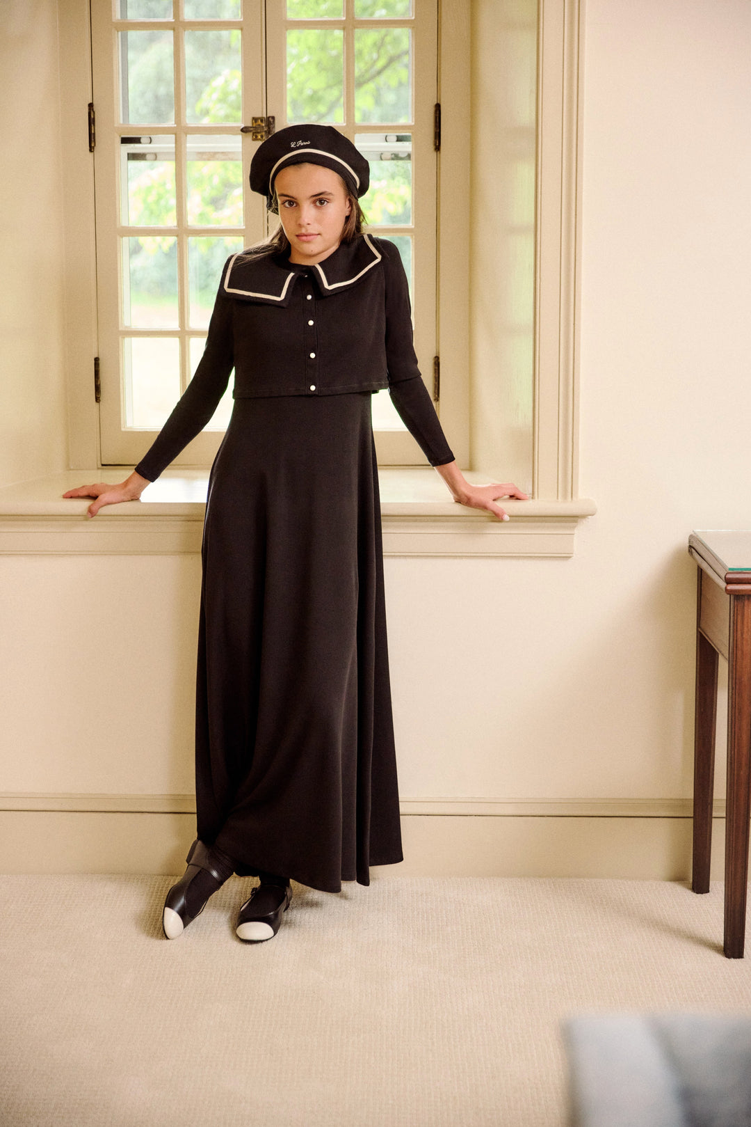 maxi dress turtleneck with sailor cardigan - black