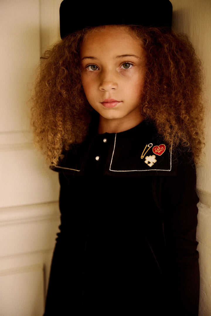 dress velour embroidered bib turtleneck - black