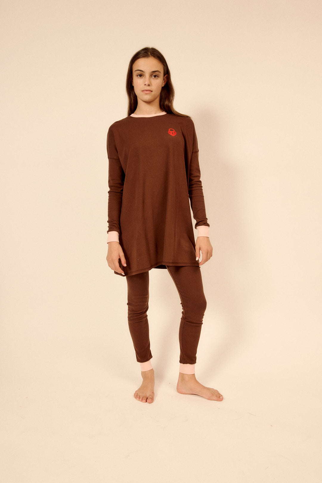 pajamas teen contrast trim logo top and pants - brown/pink