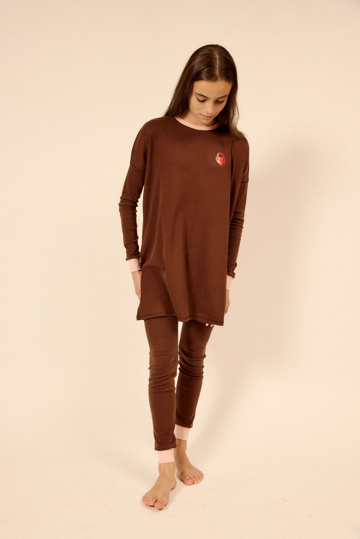 pajamas teen contrast trim logo top and pants - brown/pink