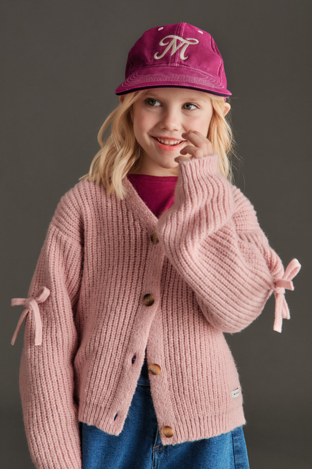 top l/s chunky knit bow cardigan - pink