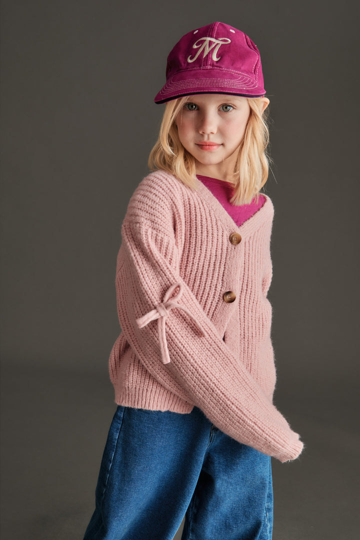 top l/s chunky knit bow cardigan - pink