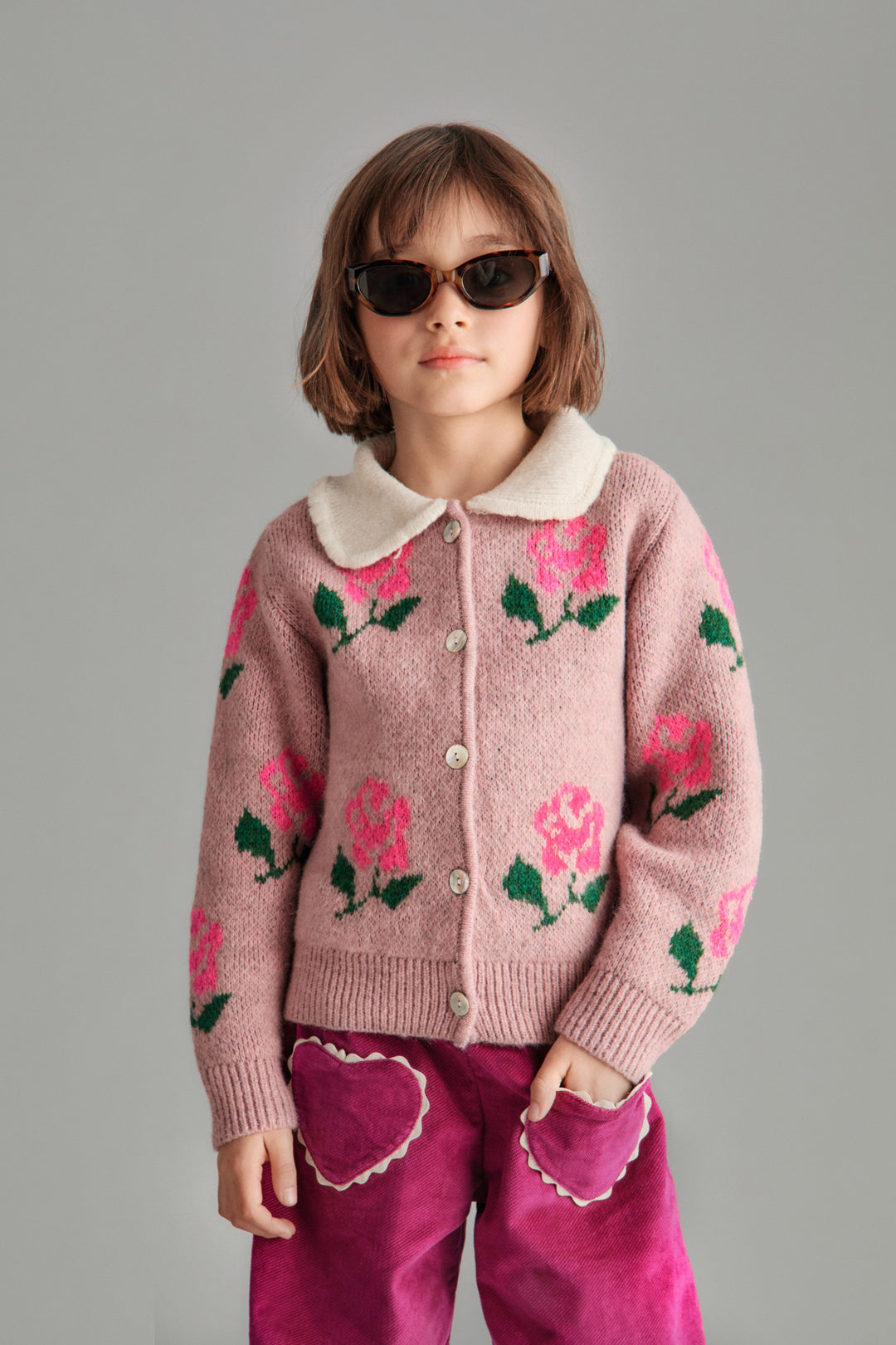 top l/s soft knit flower cardigan with collar - mauve