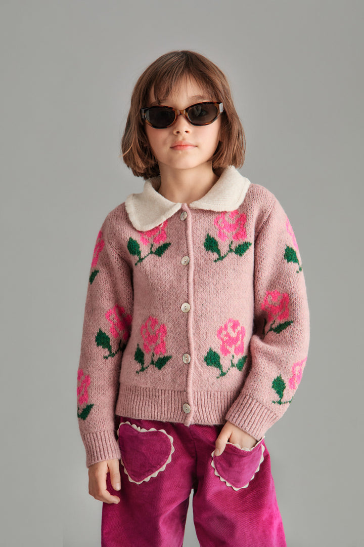 top l/s soft knit flower cardigan with collar - mauve