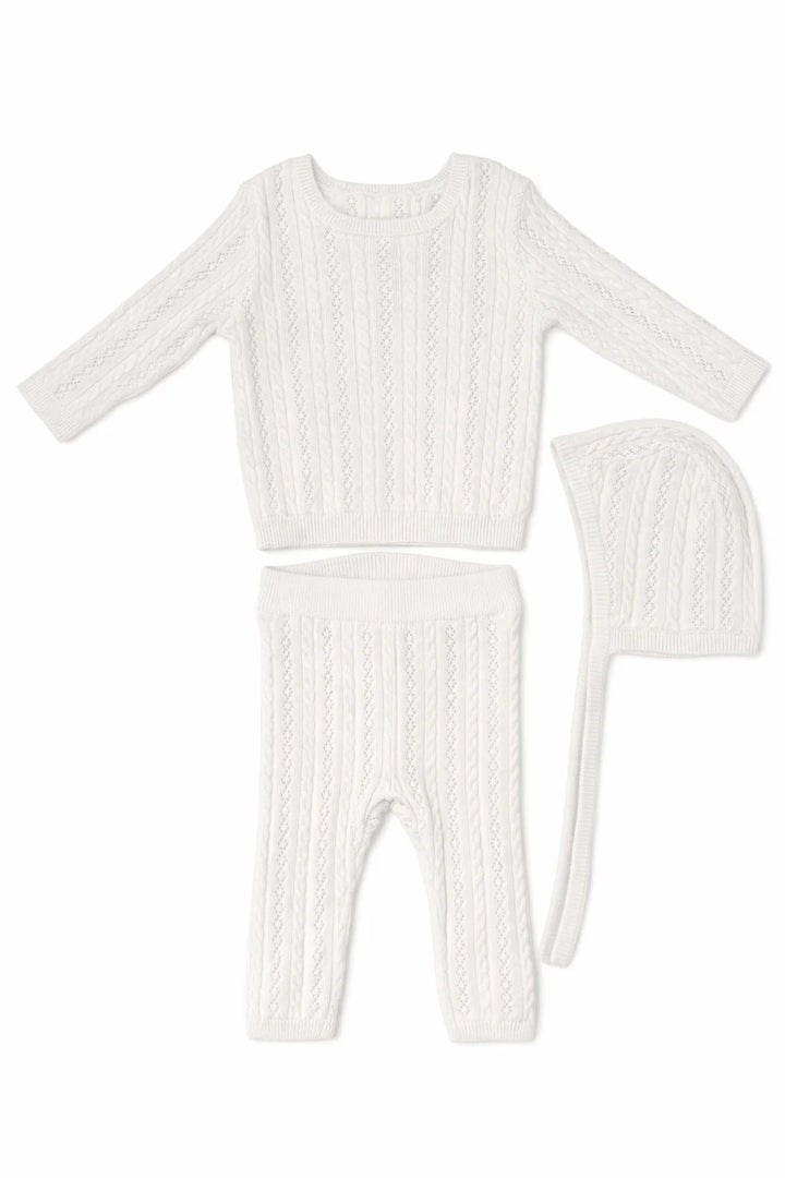 set knit cable knit sweater and footie pants with bonnet and blanket - white