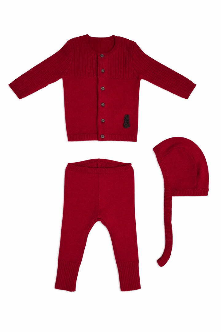 set outfit knit bunny cardigan and leggings with bonnet - red
