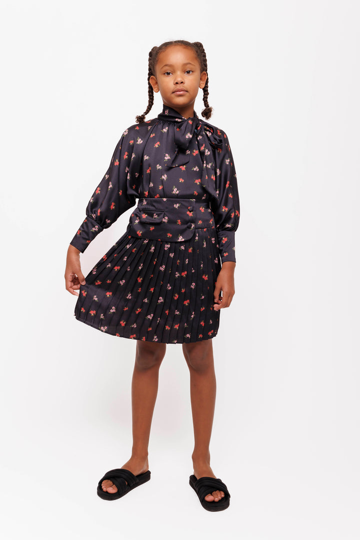 set outfit mini floral print neck tie blouse and pleated skirt - floral-124