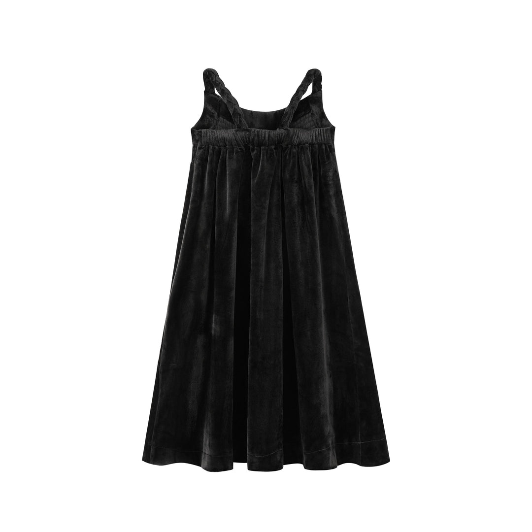 maxi dress velour rouched with rope straps - black