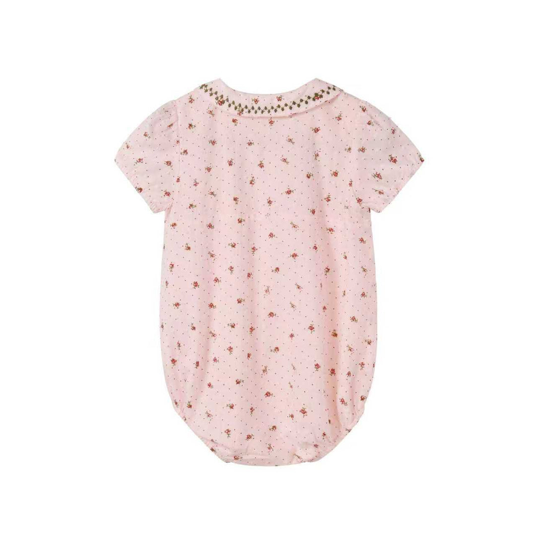 one piece smocked floral bubble romper - pink
