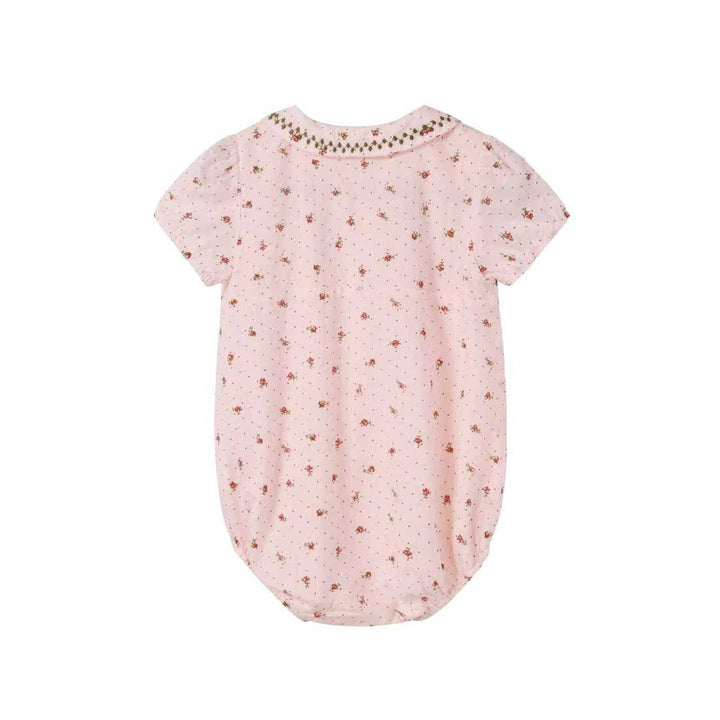 one piece smocked floral bubble romper - pink