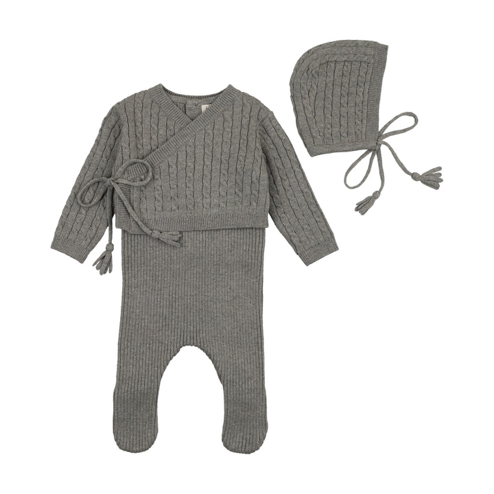 set knit rib cable wrap top and footie pants with bonnet and blanket - charcoal