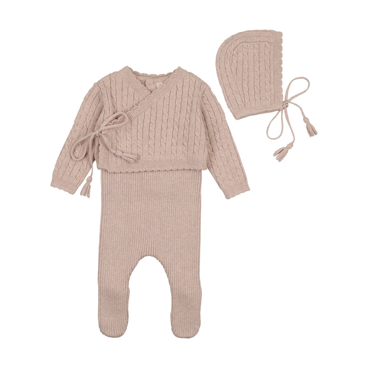 set knit rib cable wrap top and footie pants with bonnet and blanket - marled pink