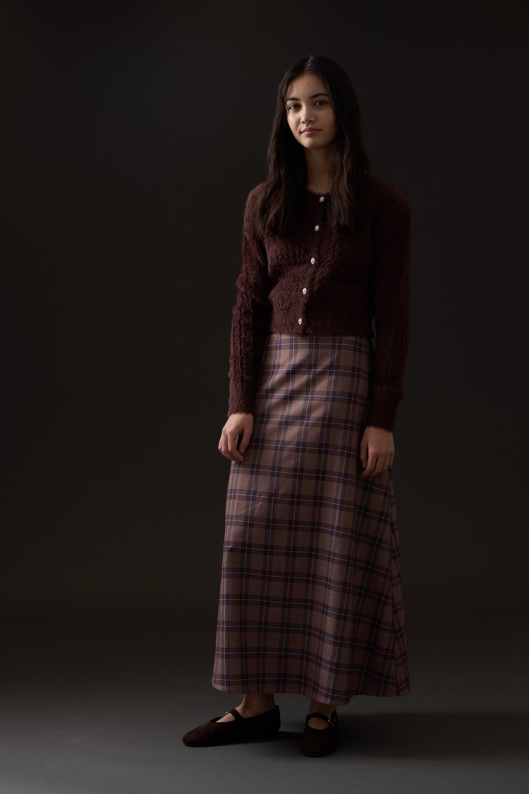 top l/s mohair cardigan with pearl buttons - chocolate