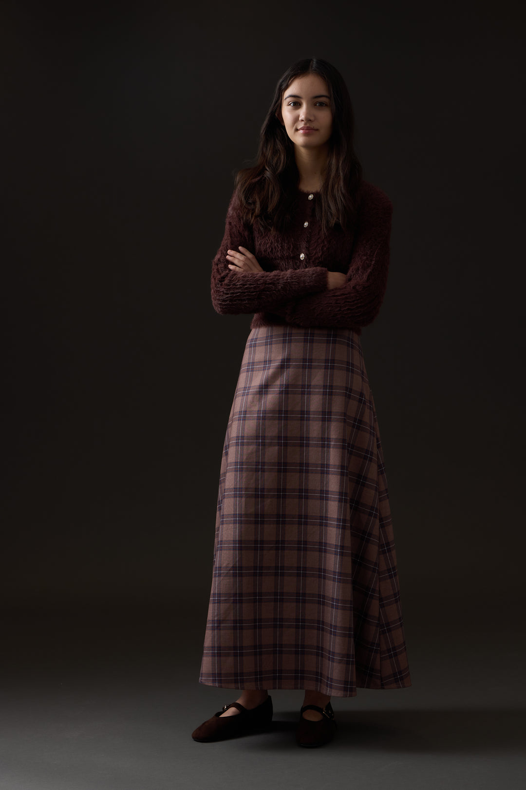 top l/s mohair cardigan with pearl buttons - chocolate