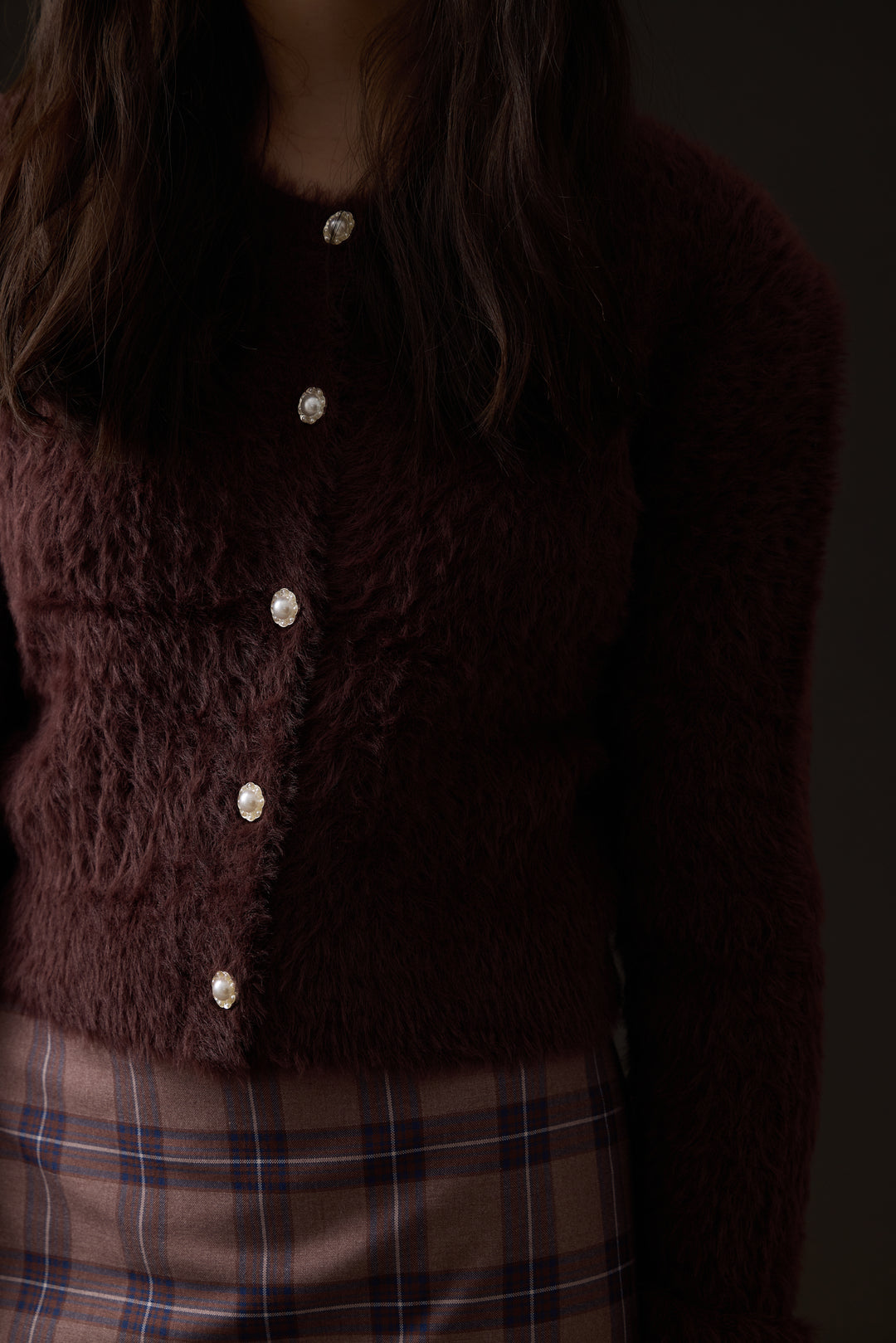 top l/s mohair cardigan with pearl buttons - chocolate