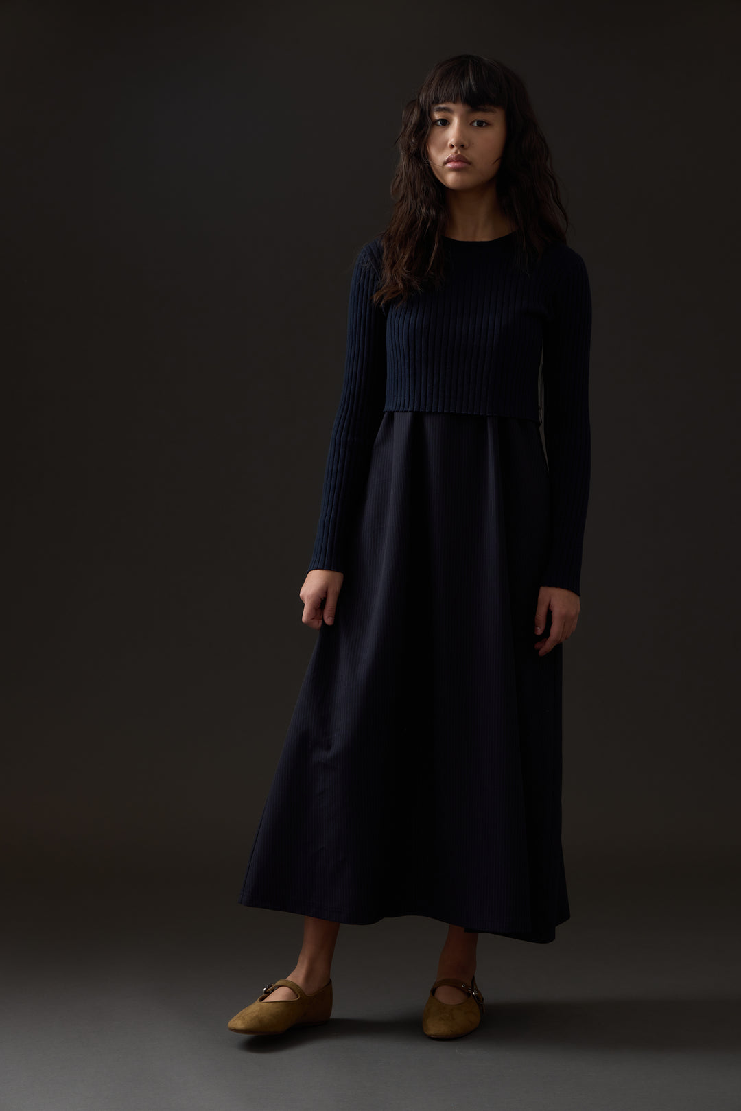 dress pinstriped midi jumper with cropped rib sweater - blue