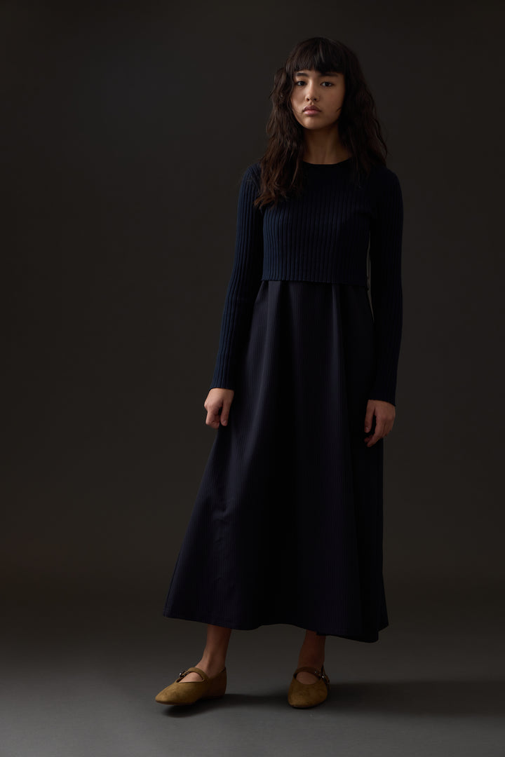 dress pinstriped midi jumper with cropped rib sweater - blue