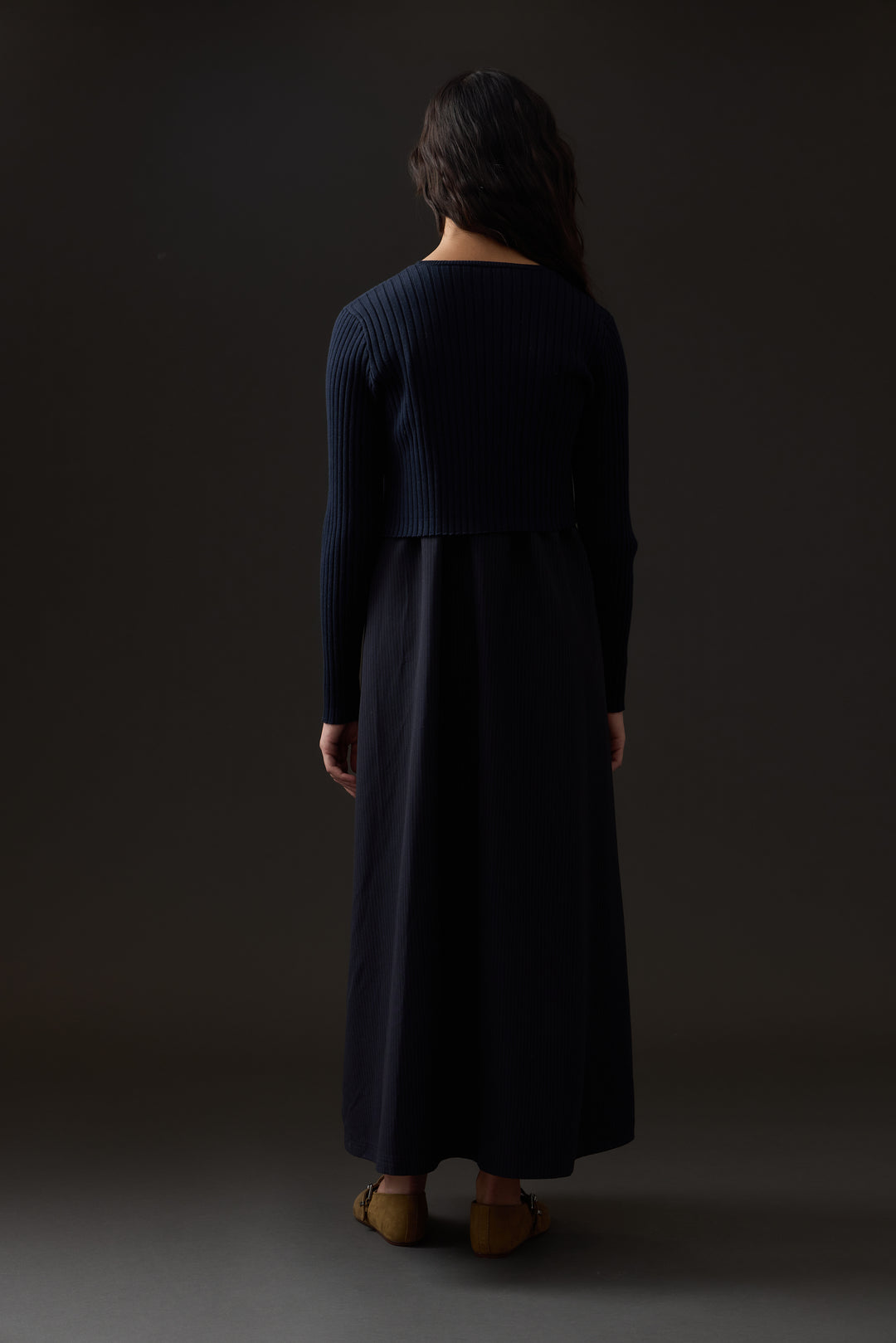 dress pinstriped midi jumper with cropped rib sweater - blue