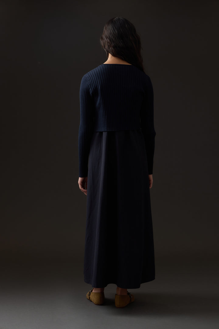 dress pinstriped midi jumper with cropped rib sweater - blue