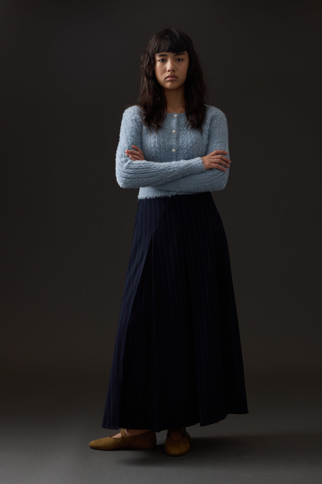 top l/s mohair cardigan with pearl buttons - blue