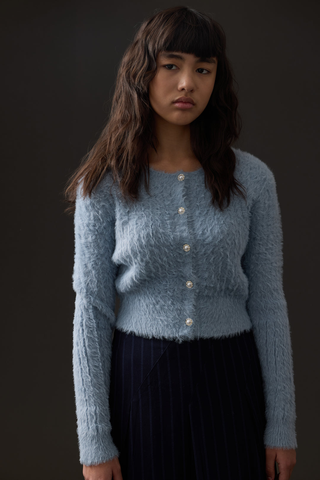 top l/s mohair cardigan with pearl buttons - blue