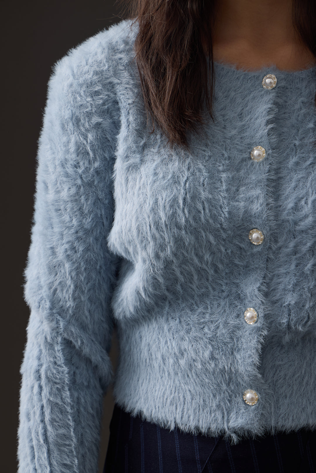 top l/s mohair cardigan with pearl buttons - blue