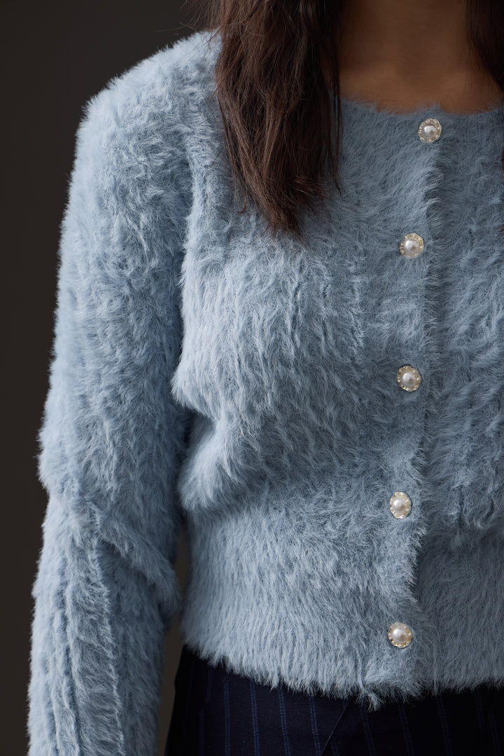 top l/s mohair cardigan with pearl buttons - blue