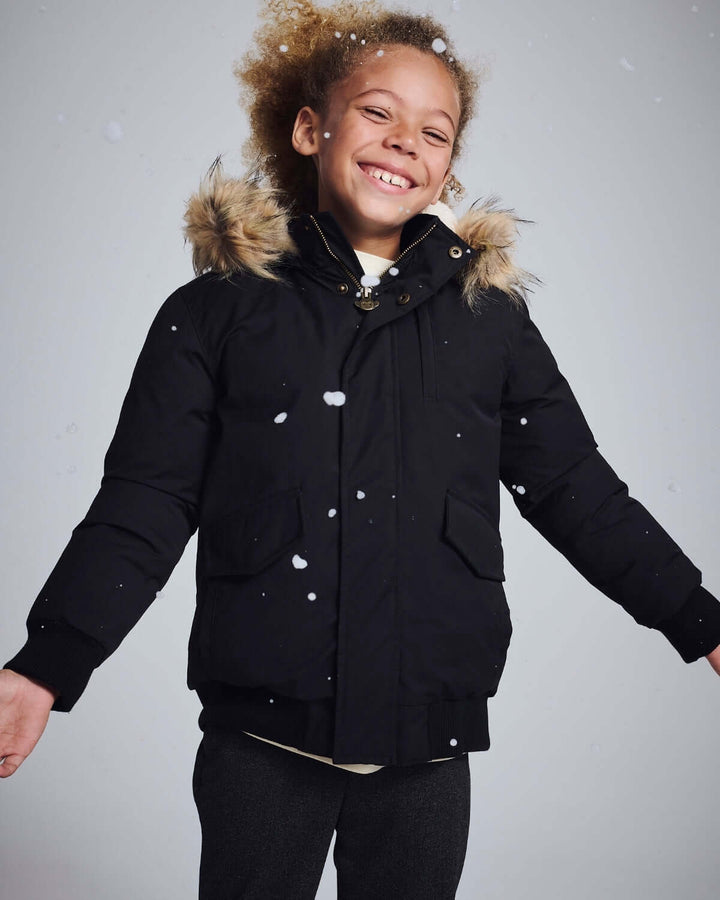 coat hidden zipper with fur hood - black