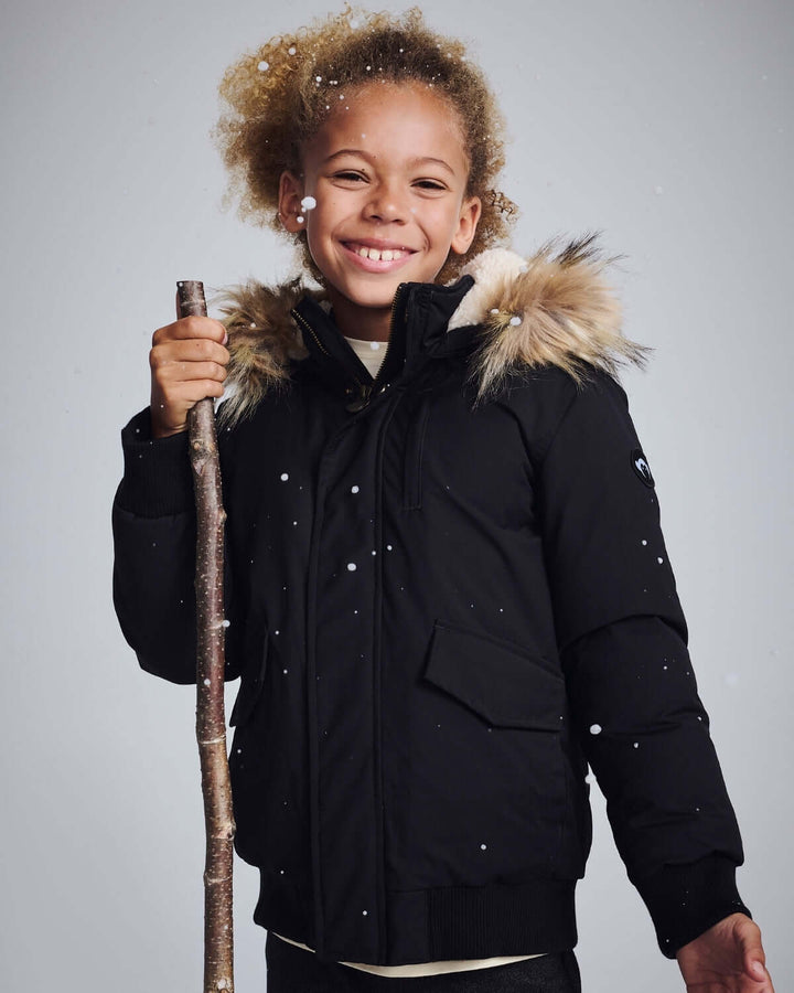 coat hidden zipper with fur hood - black