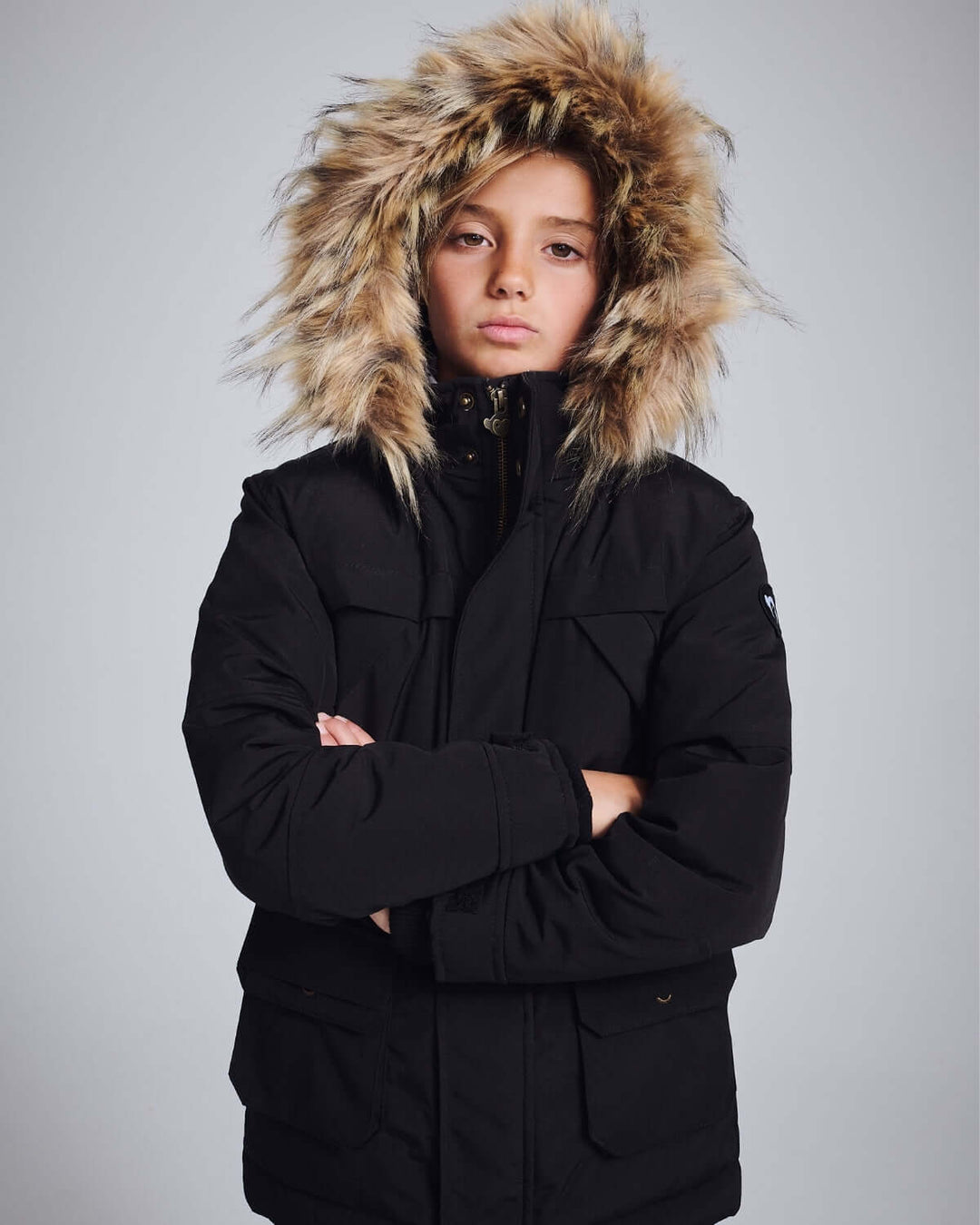 coat hidden zipper sherpa inside with fur hood - black