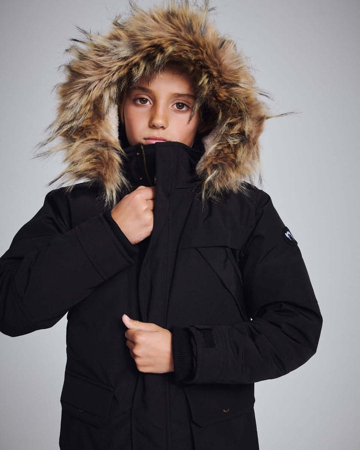 coat hidden zipper sherpa inside with fur hood - black