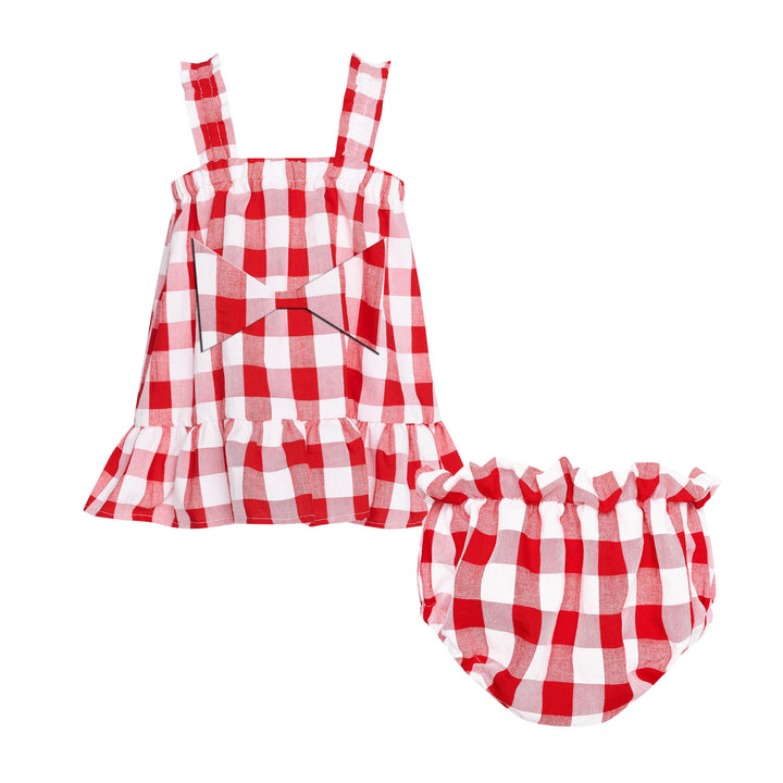set outfit gingham bow tank and bloomer - red