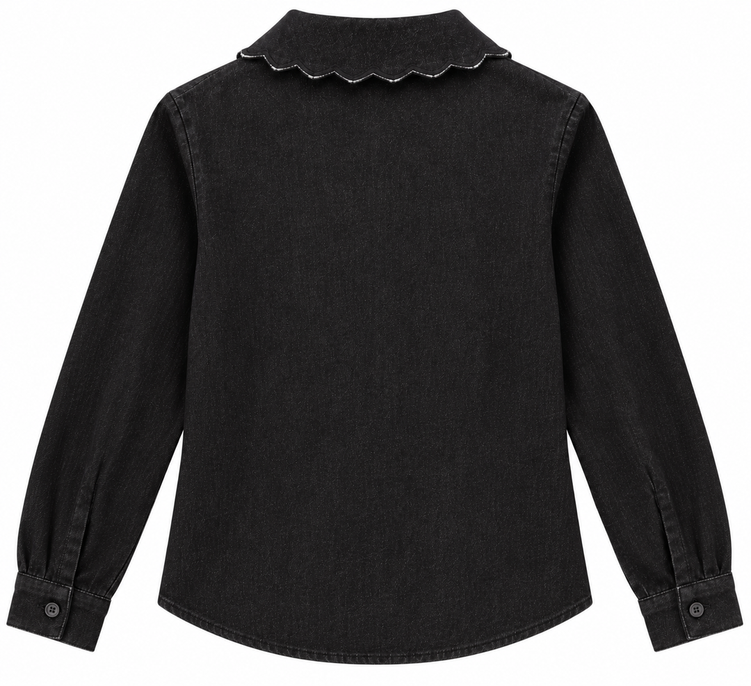 set outfit scalloped edge shirt with skirt - black denim