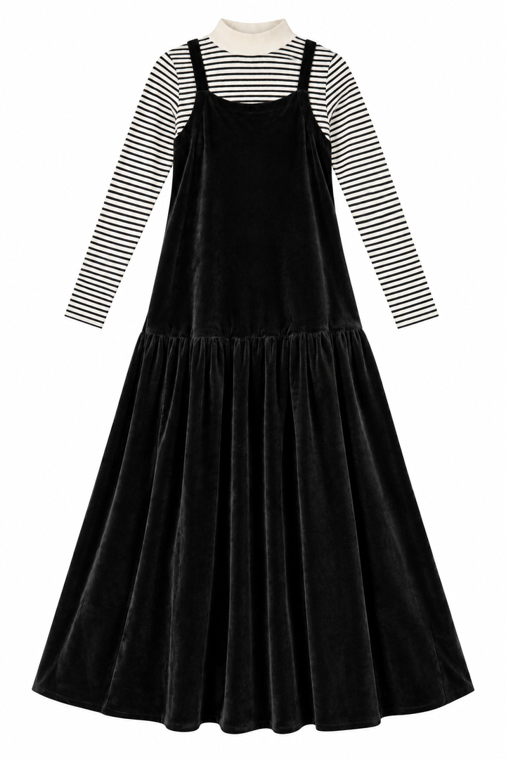 maxi dress velour jumper with turtle neck - black