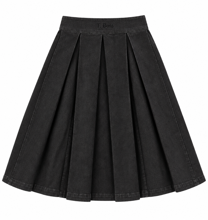 set outfit scalloped edge shirt with skirt - black denim