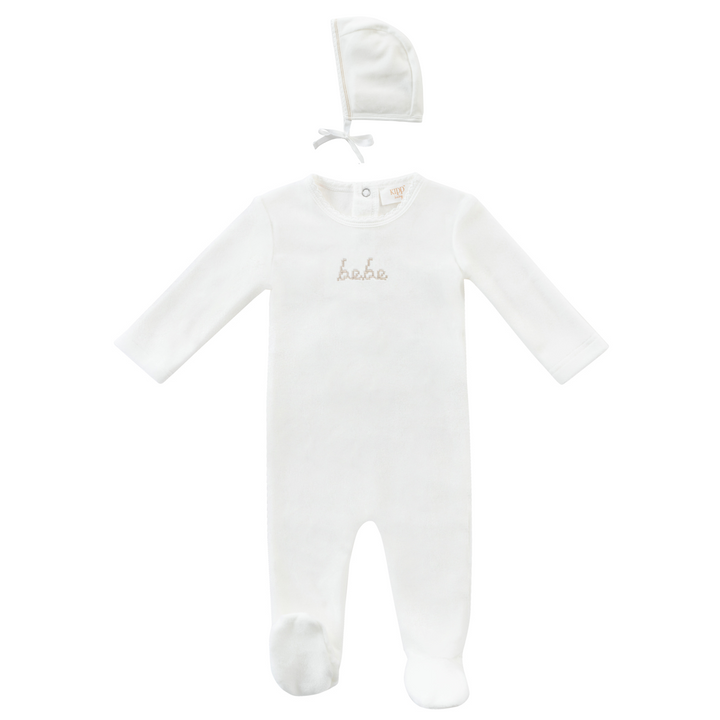 set footie velour bebe with bonnet and blanket - stone