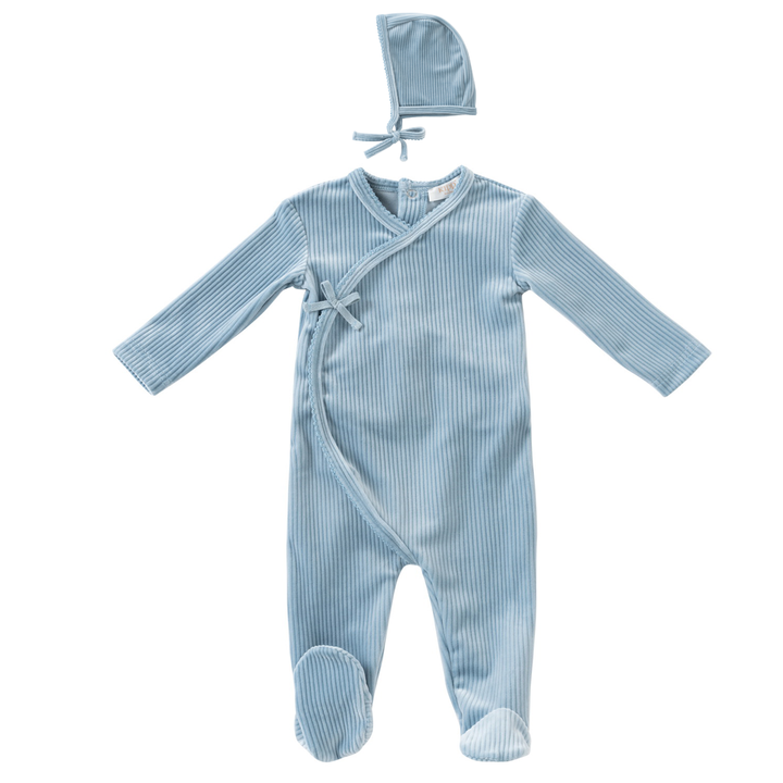 set footie velour ribbed wrap with bonnet and blanket - blue