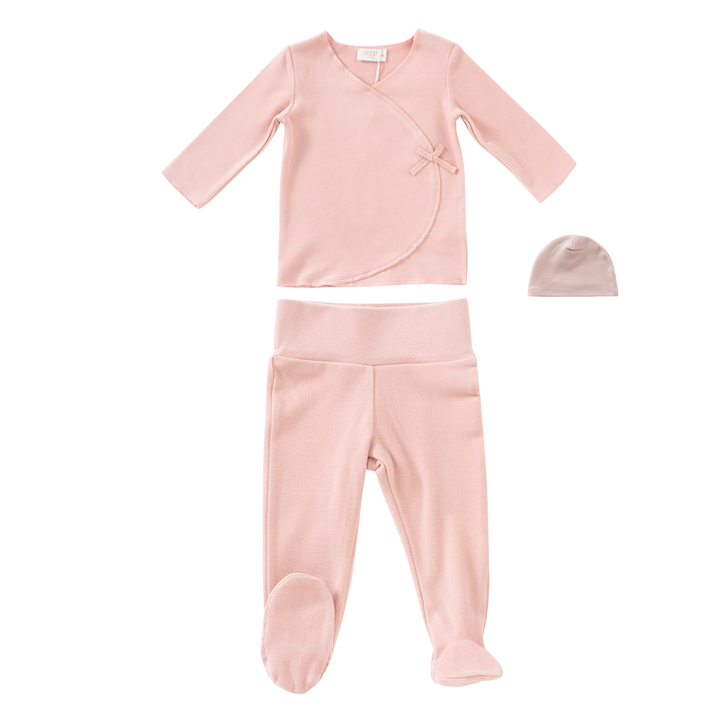 set knit wrap 3 piece with hat and blanket - pink