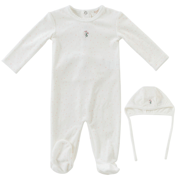 set footie velour polka dot with bonnet and blanket - pink