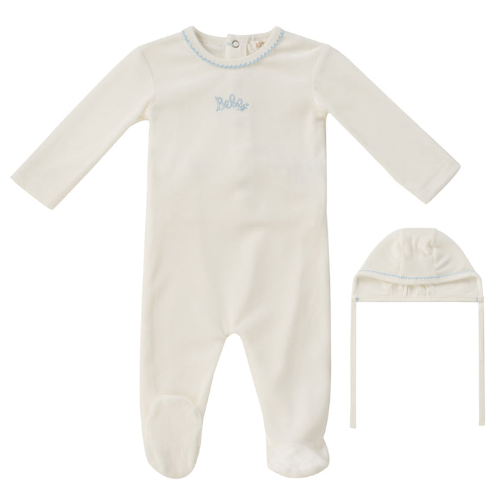 set footie velour bebe with bonnet and blanket - white blue