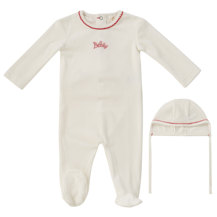 set footie velour bebe with bonnet and blanket - white red