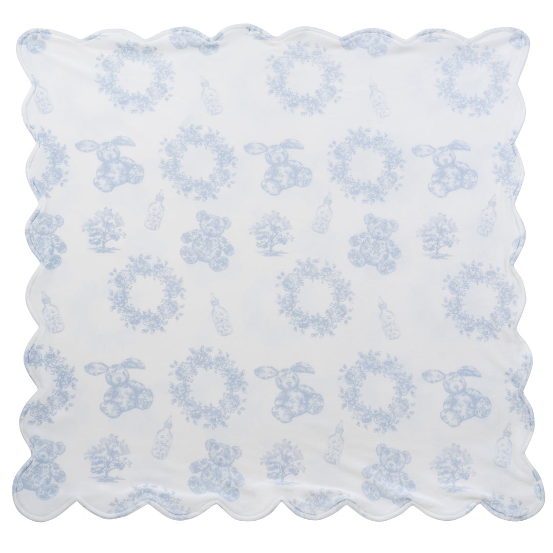 set footie velour bow and wreath print with bonnet and blanket - white blue