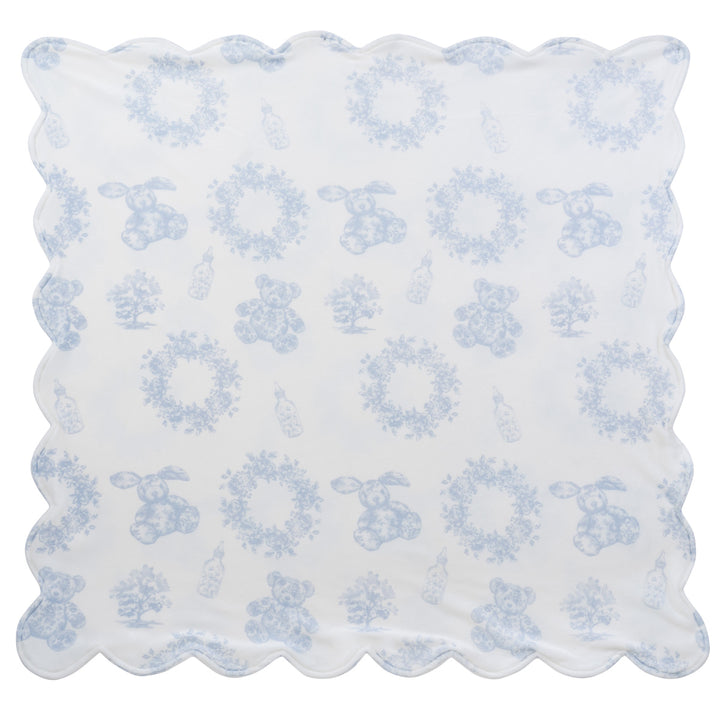 set footie velour bow and wreath print with bonnet and blanket - white blue