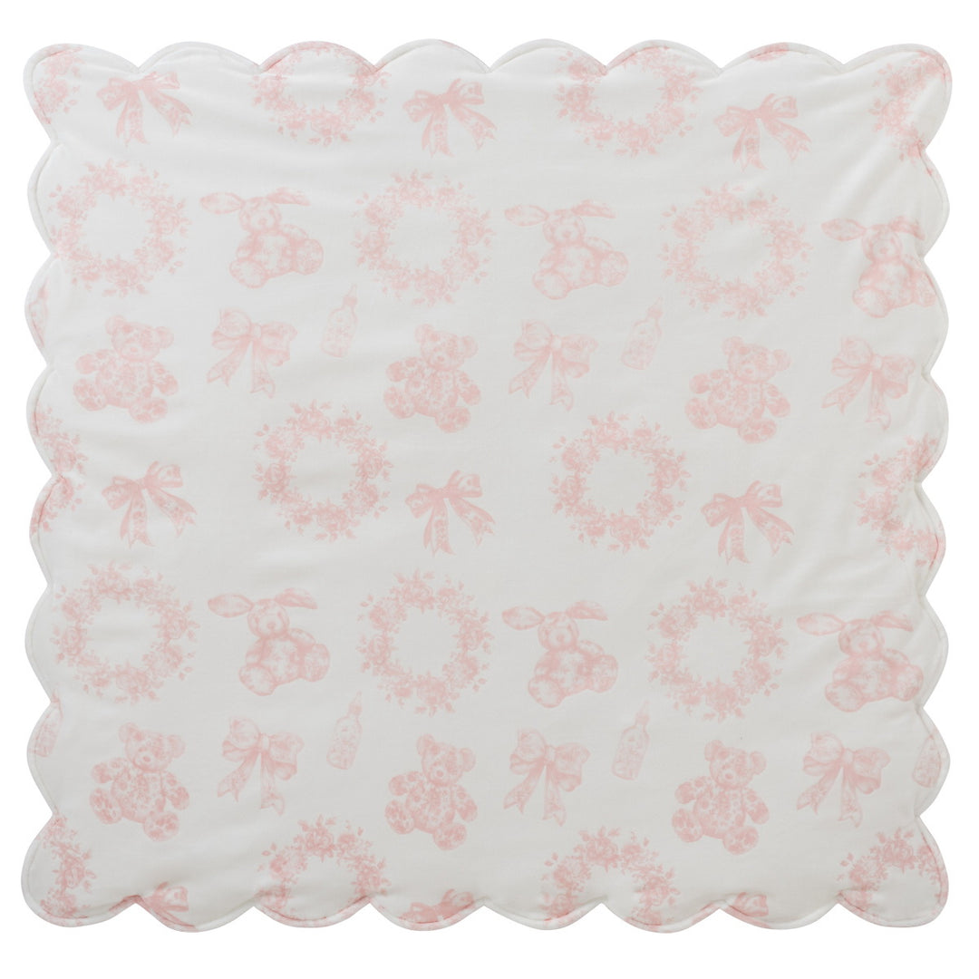 set footie velour bow and wreath print with bonnet and blanket - white pink