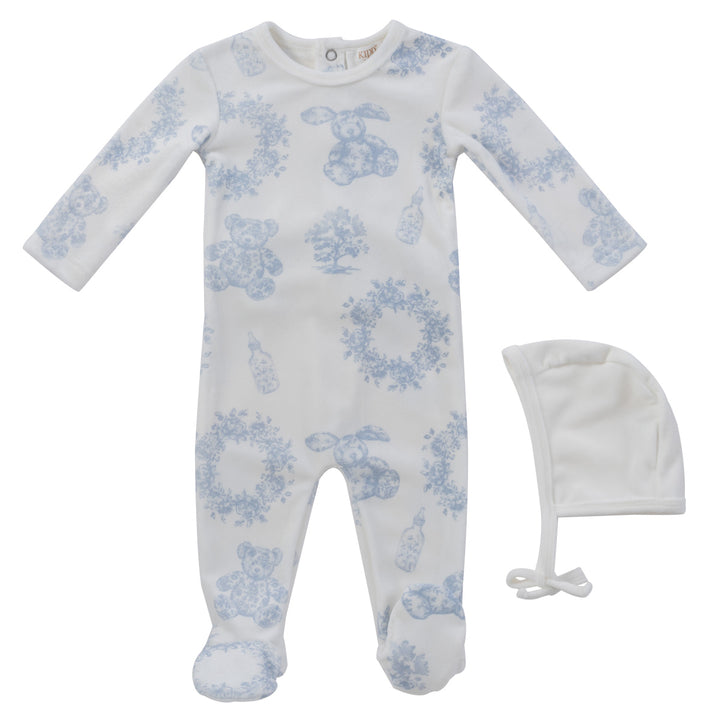 set footie velour bow and wreath print with bonnet and blanket - white blue