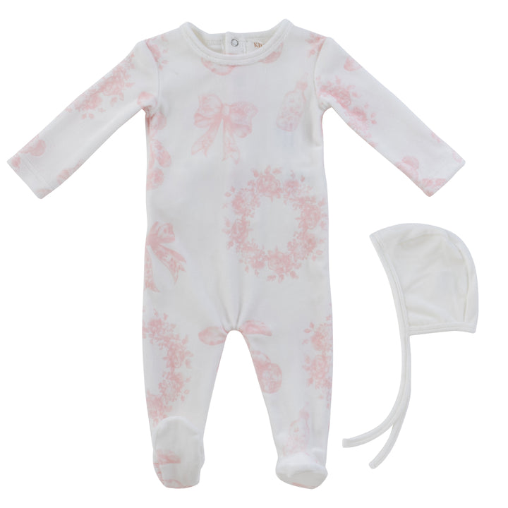 set footie velour bow and wreath print with bonnet and blanket - white pink
